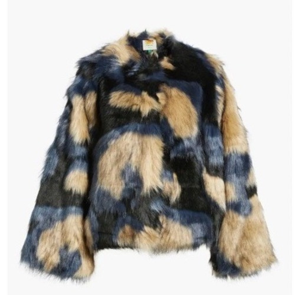 Farm Rio Faux Fur Jacket Blue Tan Black Colorblock Coat Womens Size Medium